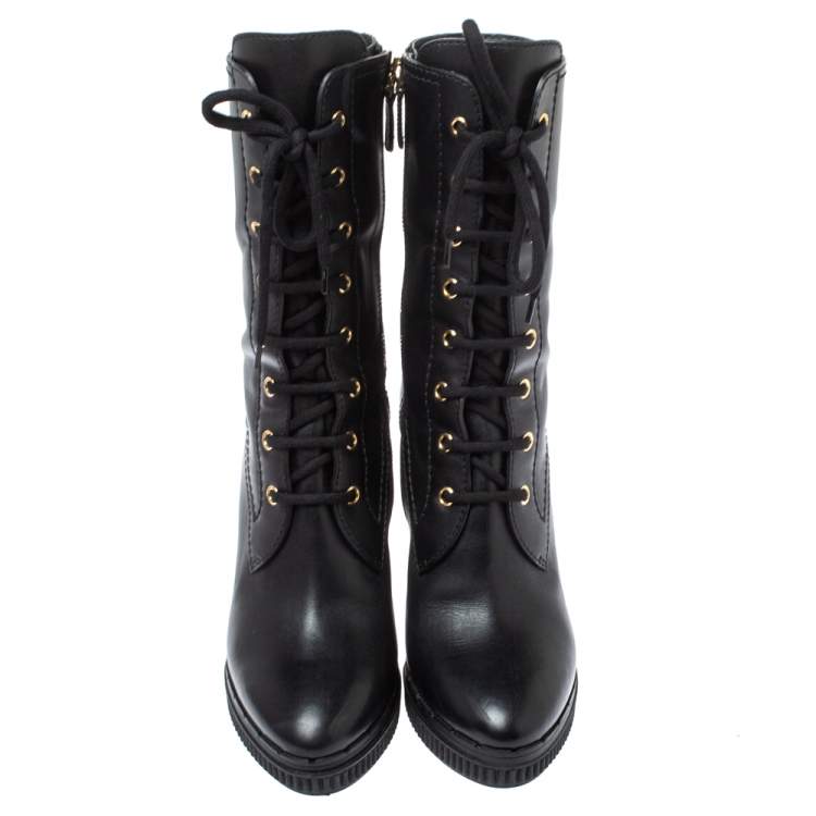 مملوكة مسبقًا Tod's Black Leather Lace Up Block Heel Hiking Mid Length Boots Size 38.5