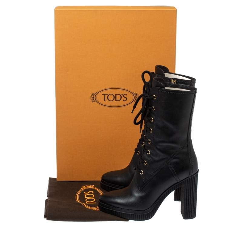 مملوكة مسبقًا Tod's Black Leather Lace Up Block Heel Hiking Mid Length Boots Size 38.5