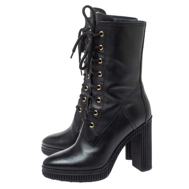 مملوكة مسبقًا Tod's Black Leather Lace Up Block Heel Hiking Mid Length Boots Size 38.5