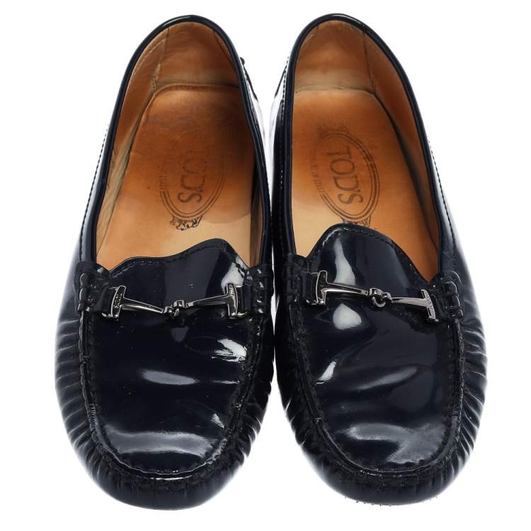 Pre Owned Tod's Blue Patent Leather Double T Gommino Driving Shoes Size 37.5