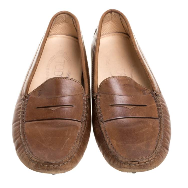 Pre Owned Tod's Brown Leather Penny Slip On Loafers Size 35