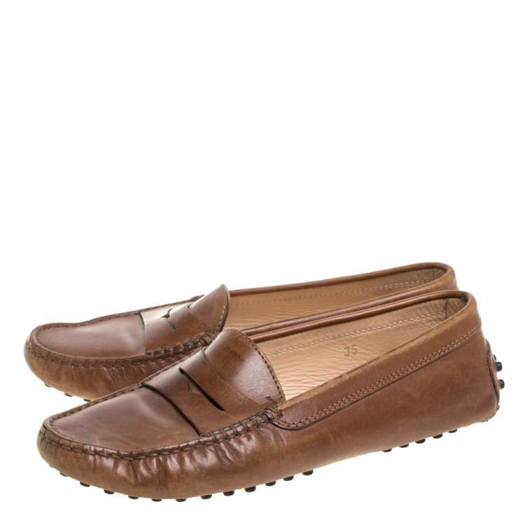 Pre Owned Tod's Brown Leather Penny Slip On Loafers Size 35