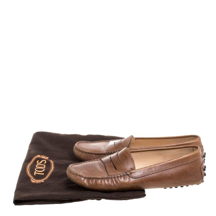 Pre Owned Tod's Brown Leather Penny Slip On Loafers Size 35