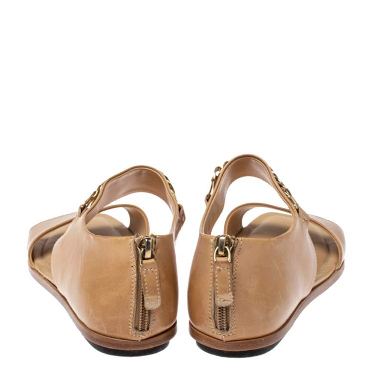 Pre Owned Tod's Beige Leather Chain Link Strap Flat Sandals Size 38