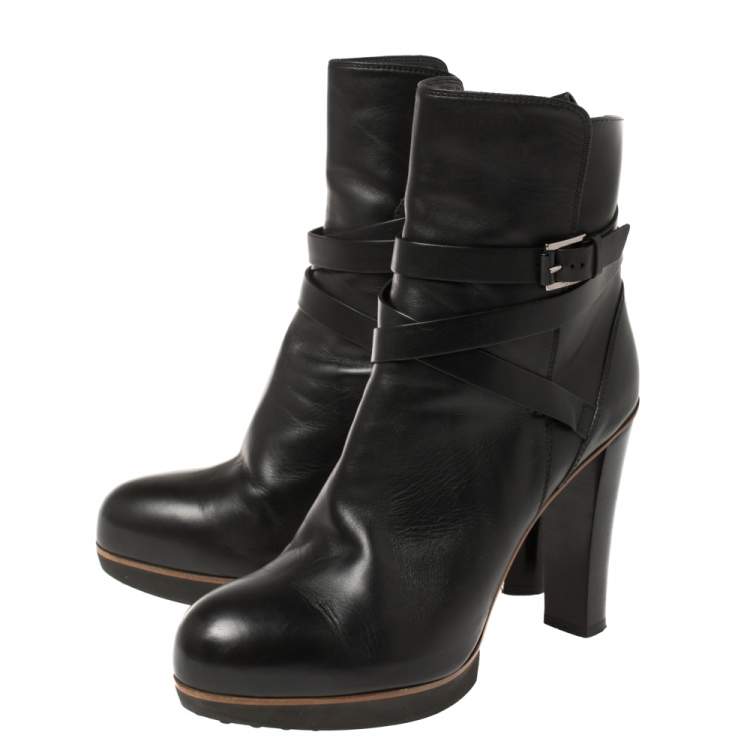 Pre Owned Tod's Black Leather Buckle Strap Platform Ankle Boots Size 41