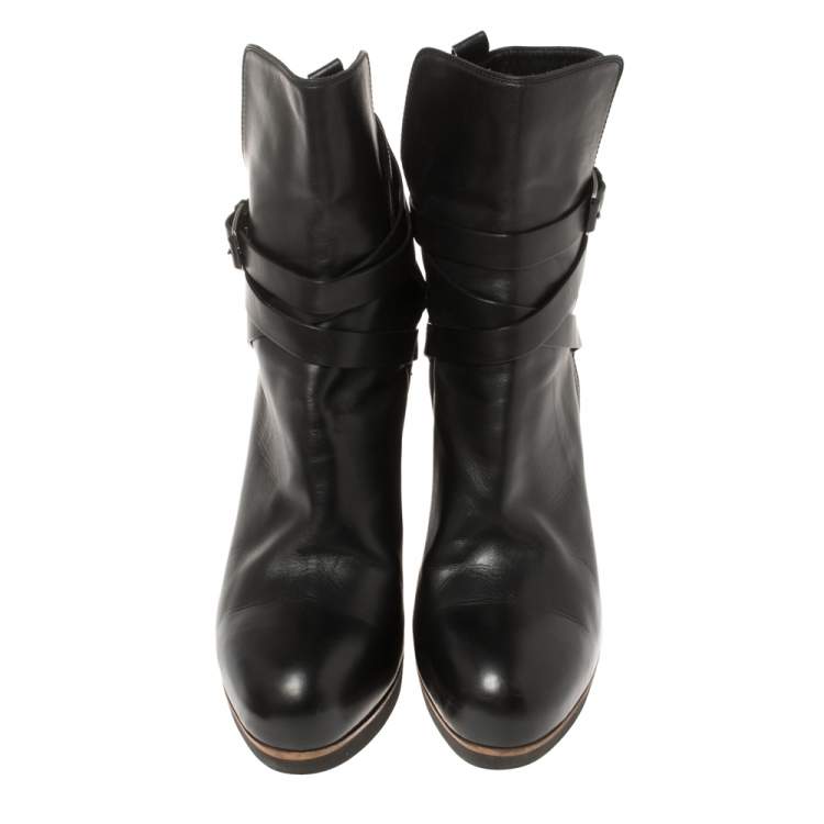 Pre Owned Tod's Black Leather Buckle Strap Platform Ankle Boots Size 41