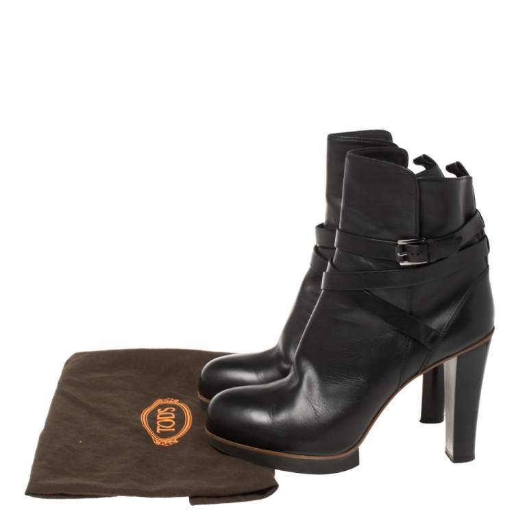 Pre Owned Tod's Black Leather Buckle Strap Platform Ankle Boots Size 41