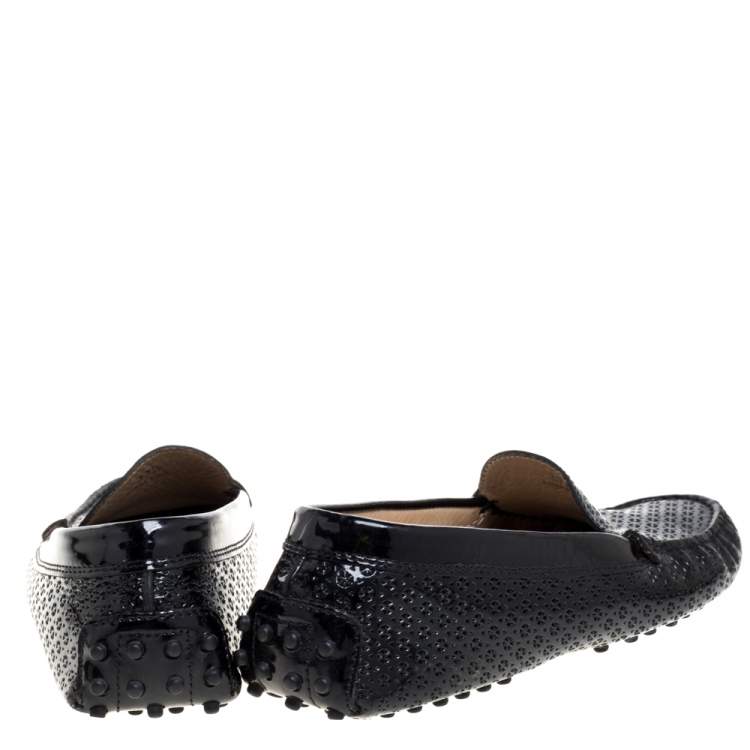 Pre Owned Tod's Black Laser Cut Patent Leather Driving Loafers Size 37.5