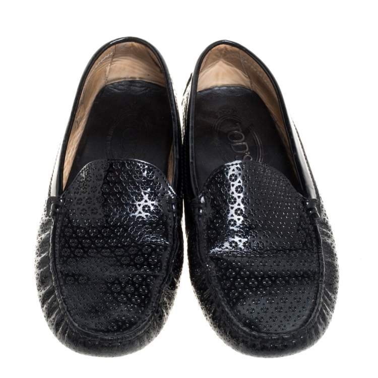 Pre Owned Tod's Black Laser Cut Patent Leather Driving Loafers Size 37.5