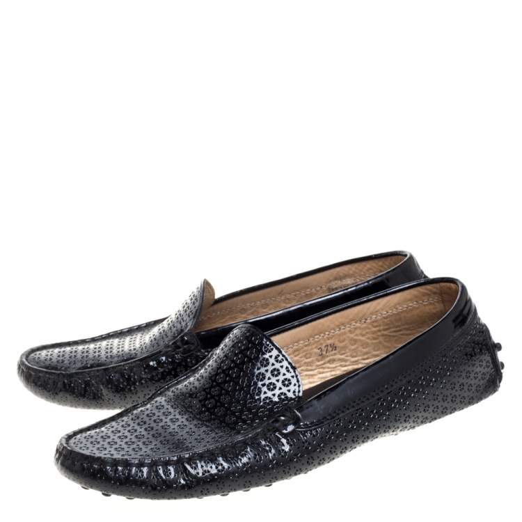 Pre Owned Tod's Black Laser Cut Patent Leather Driving Loafers Size 37.5
