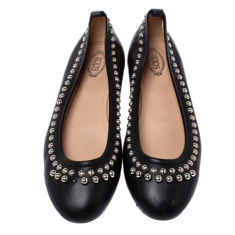 Pre Owned Tod's Black Leather Studded Ballet Flats Size 38.5