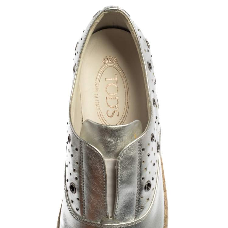 Pre Owned Tod's Metallic Silver Leather Francesina Espadrille Slip On Sneakers Size 39