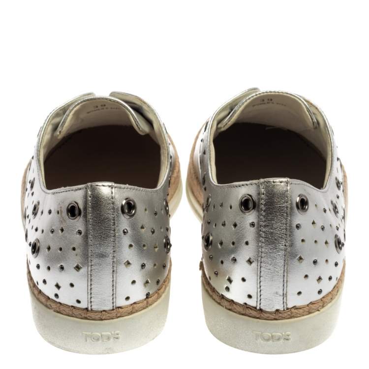 Pre Owned Tod's Metallic Silver Leather Francesina Espadrille Slip On Sneakers Size 39