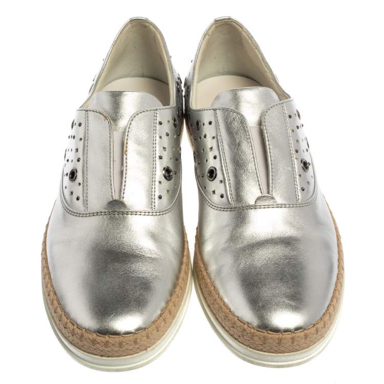 Pre Owned Tod's Metallic Silver Leather Francesina Espadrille Slip On Sneakers Size 39