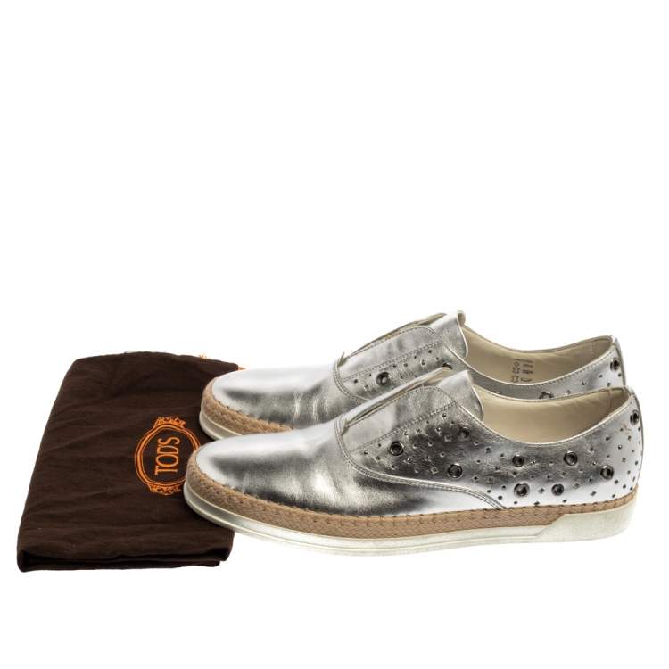 Pre Owned Tod's Metallic Silver Leather Francesina Espadrille Slip On Sneakers Size 39