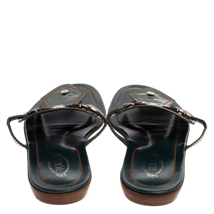 Pre Owned Tod's Green Patent Leather Buckle Detail Thong Flats Size 40.5