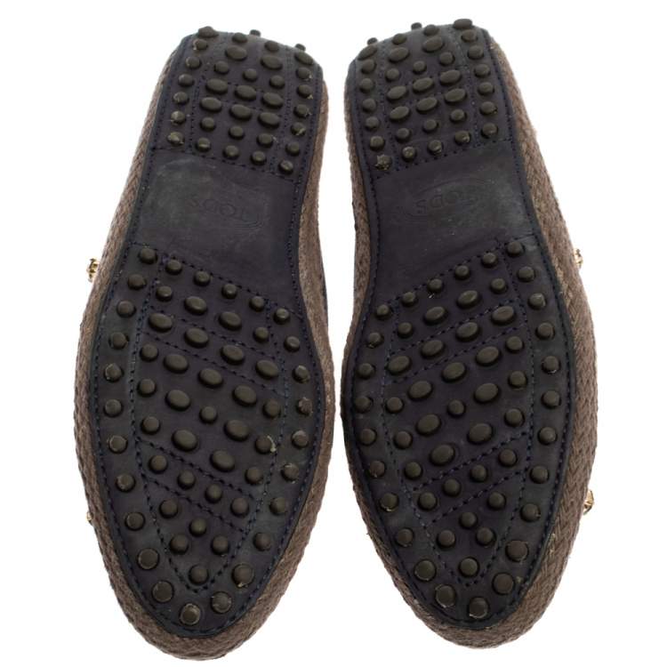 Pre Owned Tod's Blue Denim Fabric Crystal Embellished  Espadrille Loafers Size 38.5