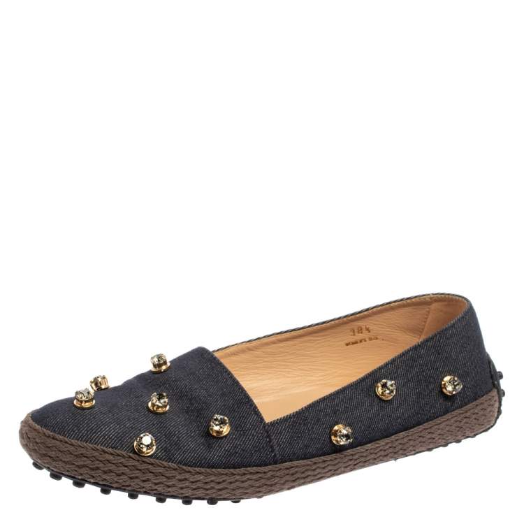 Pre Owned Tod's Blue Denim Fabric Crystal Embellished  Espadrille Loafers Size 38.5