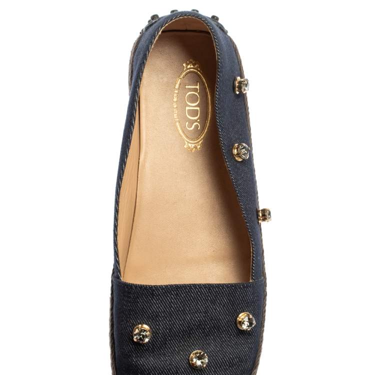 Pre Owned Tod's Blue Denim Fabric Crystal Embellished  Espadrille Loafers Size 38.5