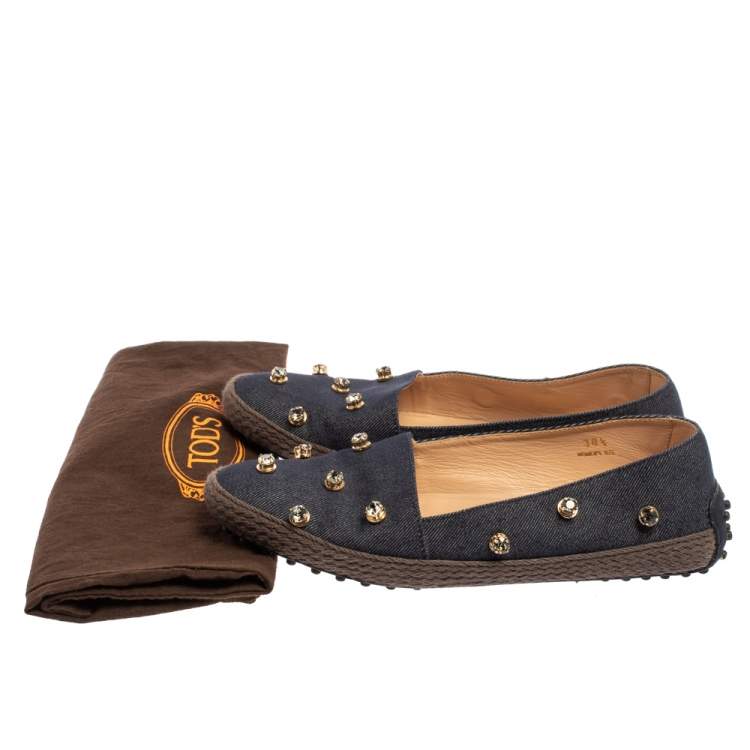 Pre Owned Tod's Blue Denim Fabric Crystal Embellished  Espadrille Loafers Size 38.5
