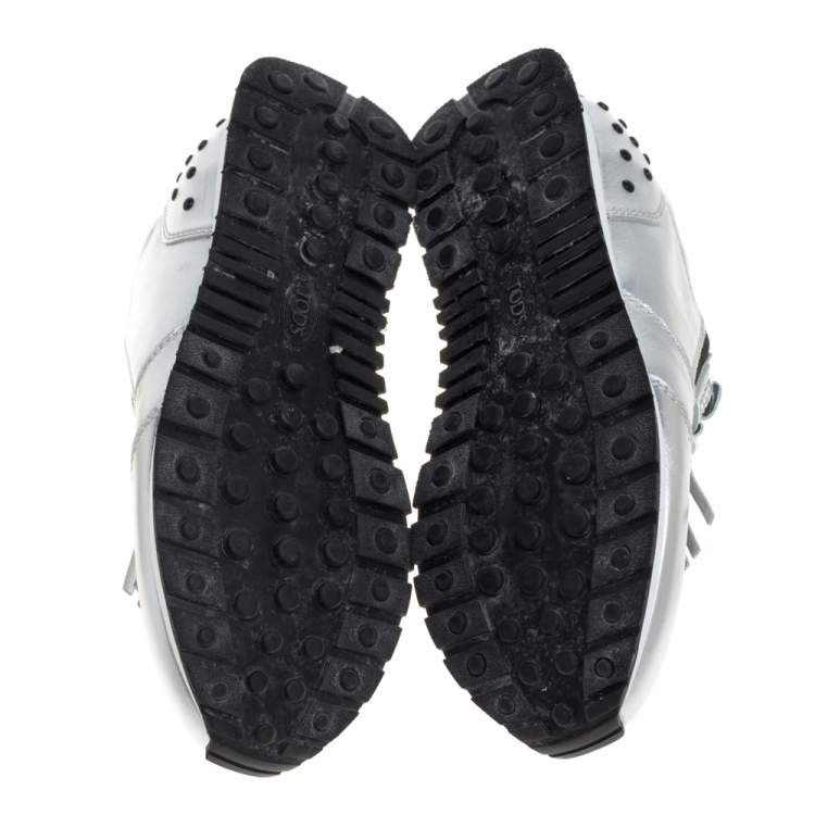 Pre Owned Tod's Silver/Black Leather Fringed Slip On Sneakers Size 37.5