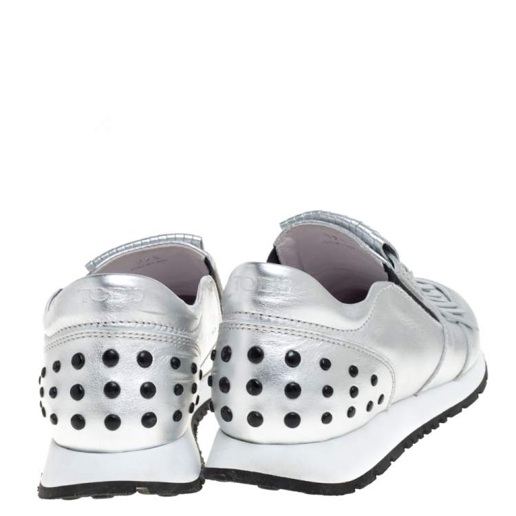 Pre Owned Tod's Silver/Black Leather Fringed Slip On Sneakers Size 37.5