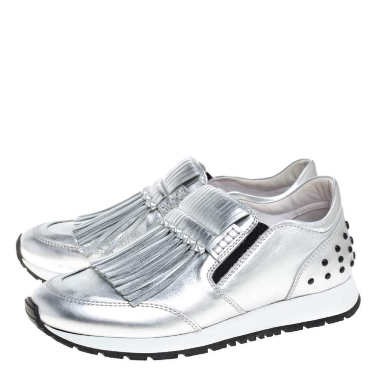 Pre Owned Tod's Silver/Black Leather Fringed Slip On Sneakers Size 37.5