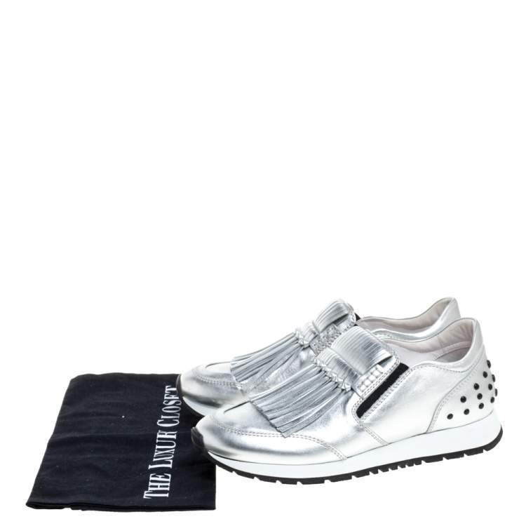 Pre Owned Tod's Silver/Black Leather Fringed Slip On Sneakers Size 37.5