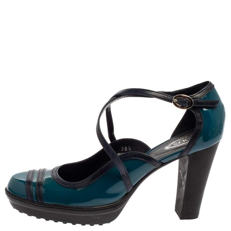 Pre Owned Tod's Blue Patent Leather Ankle Strap Platform Pumps Size 39.5