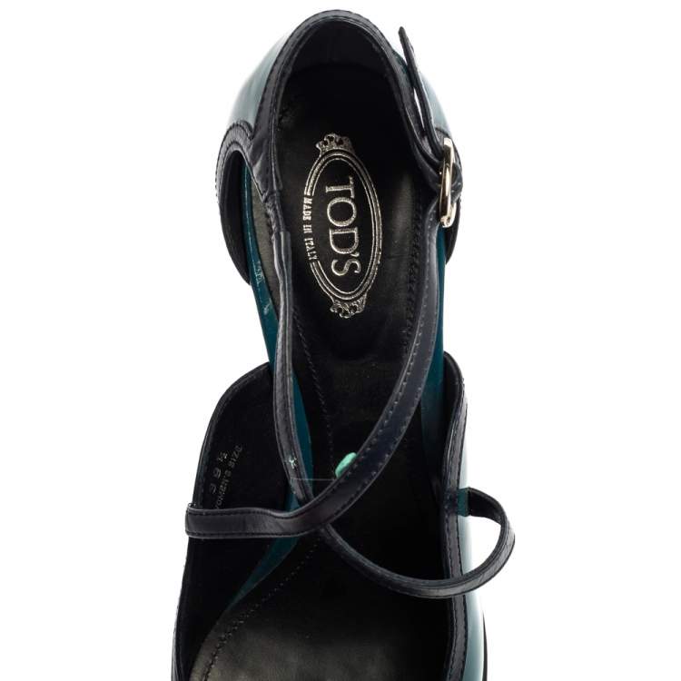 Pre Owned Tod's Blue Patent Leather Ankle Strap Platform Pumps Size 39.5