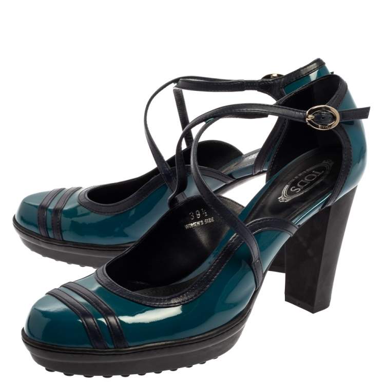 Pre Owned Tod's Blue Patent Leather Ankle Strap Platform Pumps Size 39.5