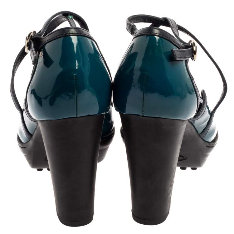 Pre Owned Tod's Blue Patent Leather Ankle Strap Platform Pumps Size 39.5