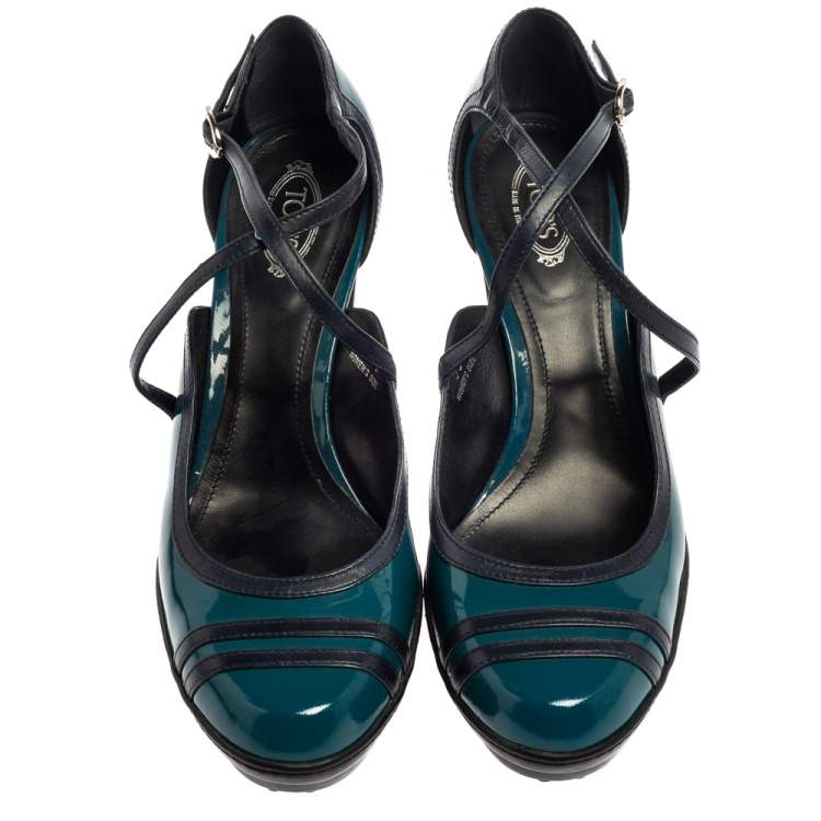 Pre Owned Tod's Blue Patent Leather Ankle Strap Platform Pumps Size 39.5