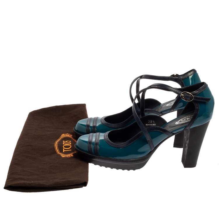 Pre Owned Tod's Blue Patent Leather Ankle Strap Platform Pumps Size 39.5
