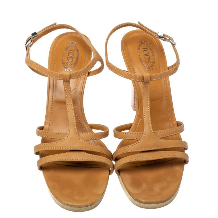 Pre Owned Tod's Tan Leather Strappy Platform Sandals Size 40