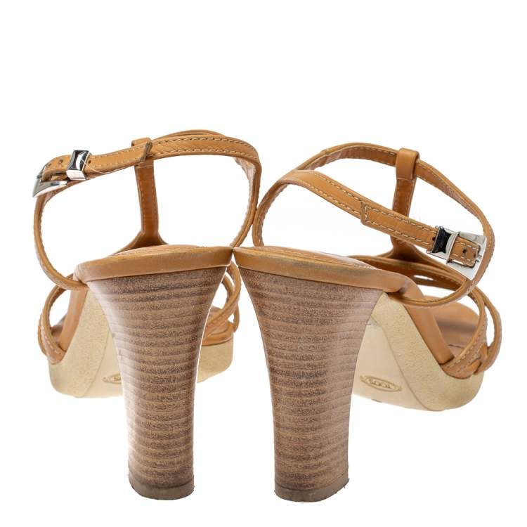Pre Owned Tod's Tan Leather Strappy Platform Sandals Size 40