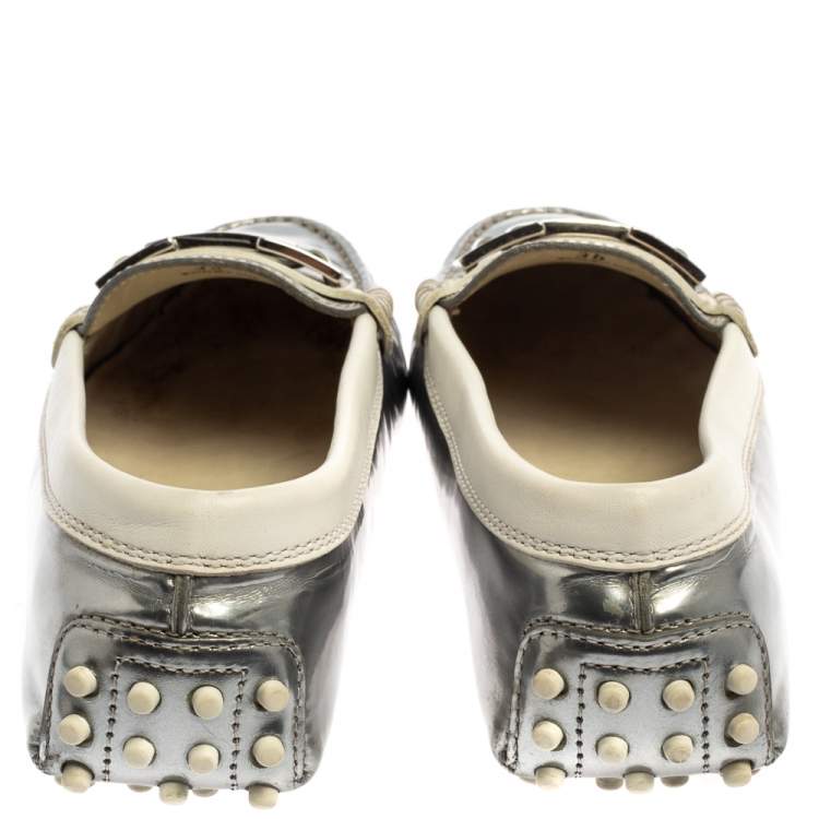 Pre Owned Tod's Silver/White Patent and Leather Logo Buckle Loafers Size 36