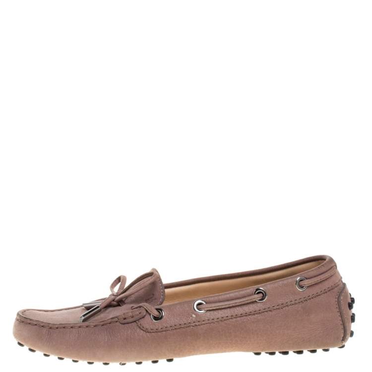 Pre Owned Tod's Beige Suede Leather Bow Slip On Loafers Size 36.5