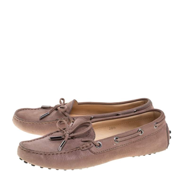 Pre Owned Tod's Beige Suede Leather Bow Slip On Loafers Size 36.5