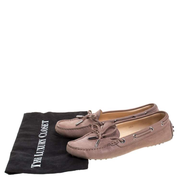Pre Owned Tod's Beige Suede Leather Bow Slip On Loafers Size 36.5