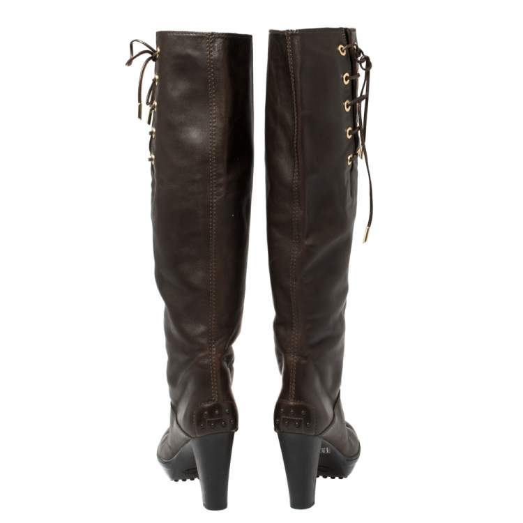 Pre Owned Tod's Brown Leather Lace Up Knee Length Boots Size 39