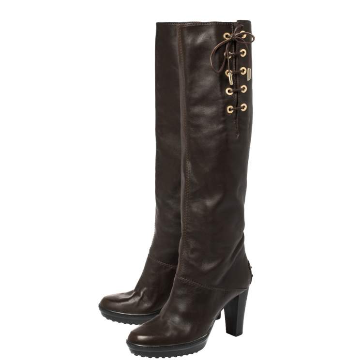 Pre Owned Tod's Brown Leather Lace Up Knee Length Boots Size 39