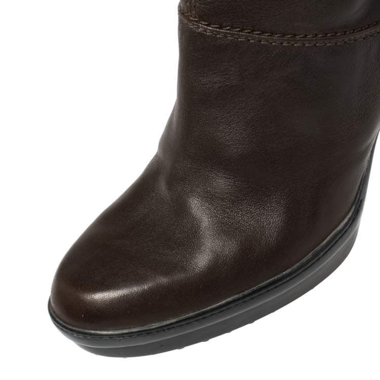 Pre Owned Tod's Brown Leather Lace Up Knee Length Boots Size 39