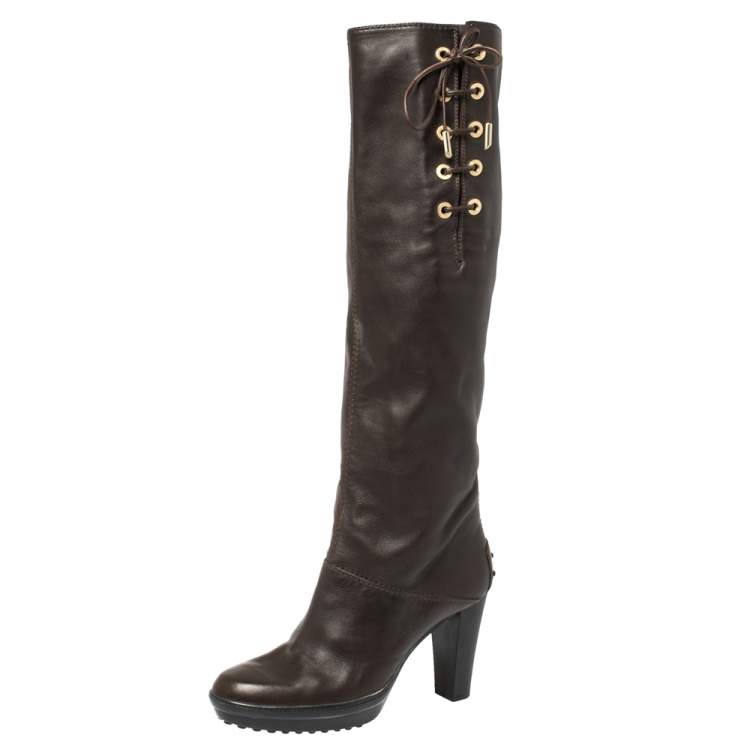 Pre Owned Tod's Brown Leather Lace Up Knee Length Boots Size 39