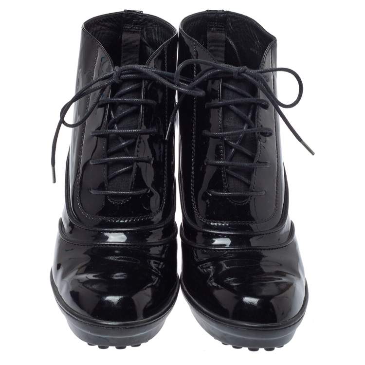 Pre Owned Tod's Black Patent Leather Lace Up Ankle Boots Size 39.5