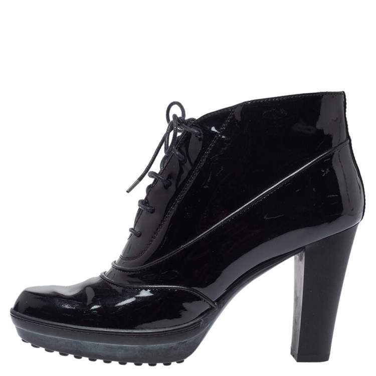 Pre Owned Tod's Black Patent Leather Lace Up Ankle Boots Size 39.5