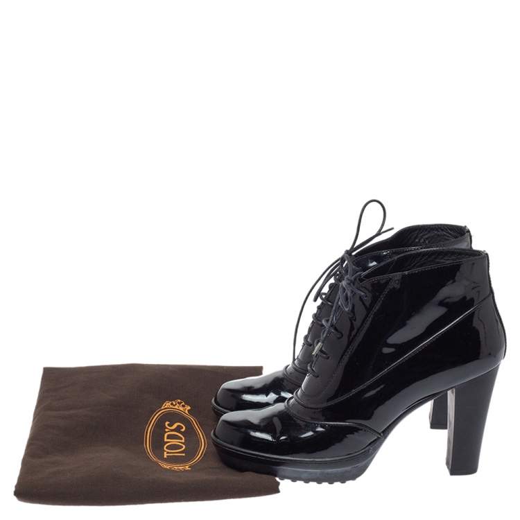 Pre Owned Tod's Black Patent Leather Lace Up Ankle Boots Size 39.5