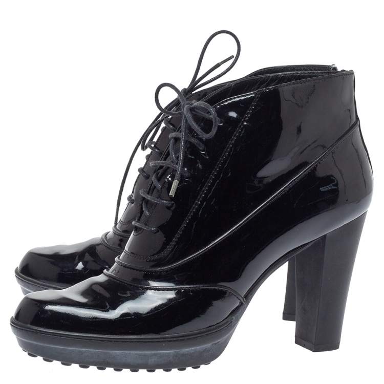 Pre Owned Tod's Black Patent Leather Lace Up Ankle Boots Size 39.5