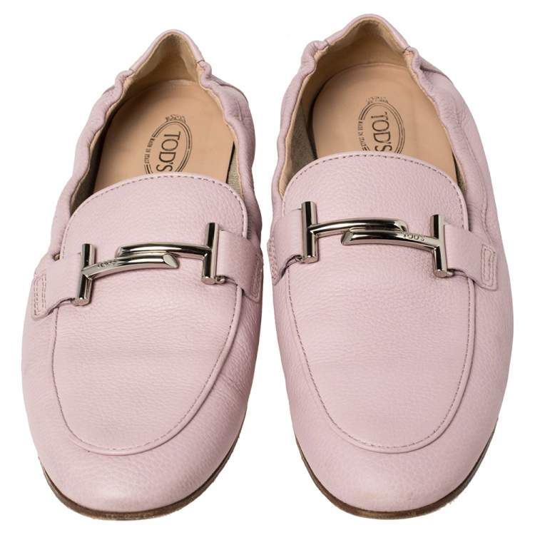 Pre Owned Tod's Pink Leather Double T Loafers Size 40