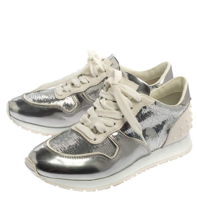 Pre Owned Tod's Metallic Silver Leather And Sequin Low Top Sneakers Size 37